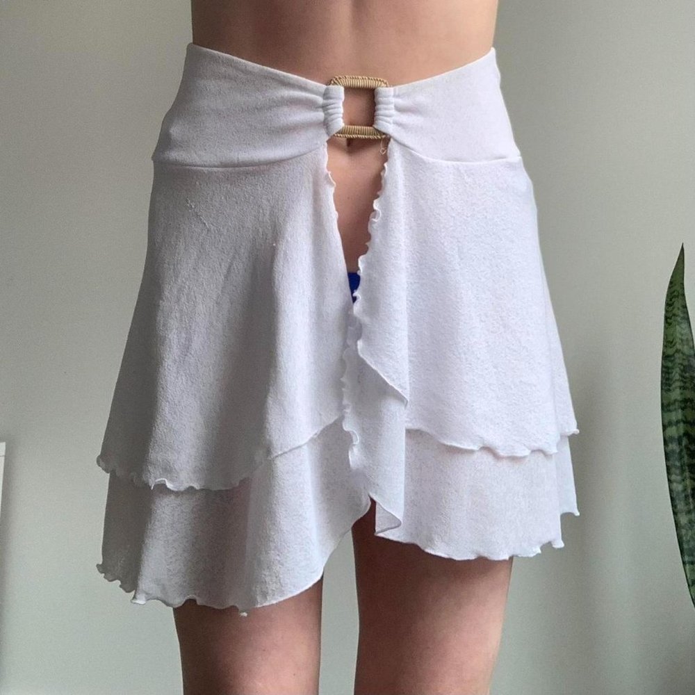 White Mini Skirt Bikini Coverup with Lettuce Hem - Picture 4 of 4